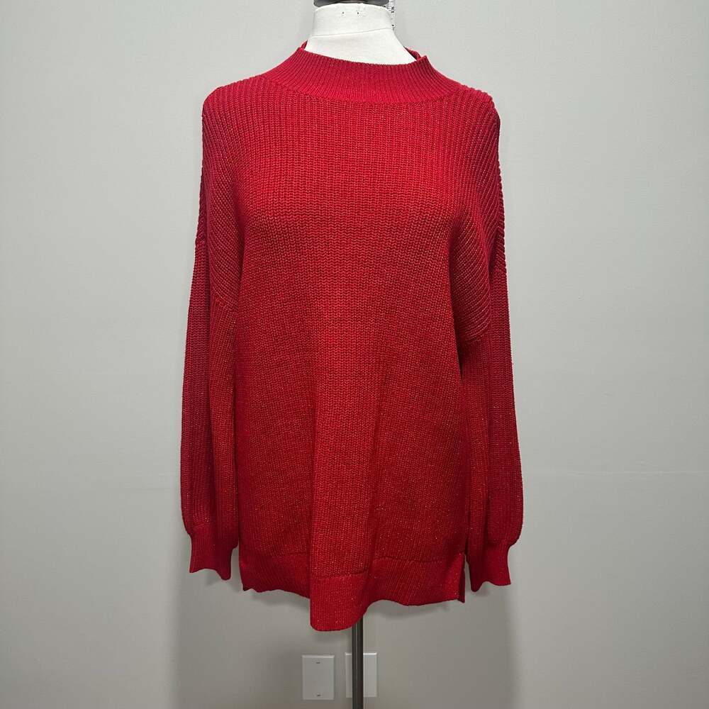 INC Sparkly Red Cable-Knit Cut out Shoulder Sweater Tunic/Dress, Sz L